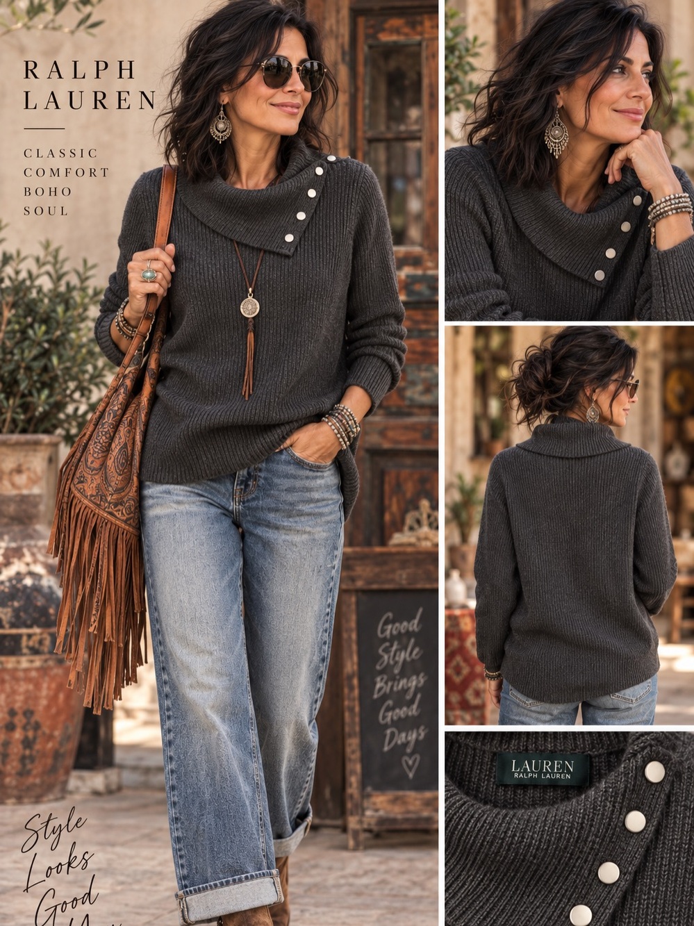 Ralph Lauren Charcoal Ribbed Button-Neck Turtleneck Sweater